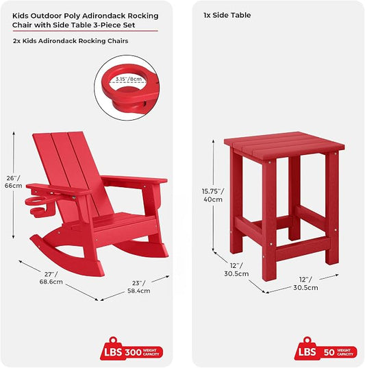 Costaelm Palms 3-Piece Kids Table and Chairs Set with Modern Toddler Rocking Chairs and Cup Holders, Red