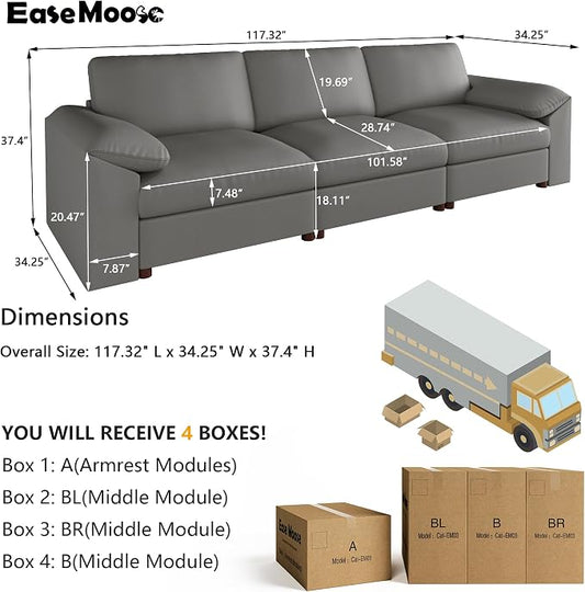 EASE MOOSE 3 Seater Deep Seat Sectional Sofa, Scratch Resistant Faux Leather Material, Oversized Modular Couch for Living Room,Modern Comfy Sofas for Small Spaces,Grey