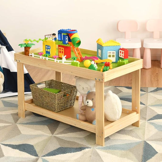 Costzon 2 in 1 Kids Activity Table w/Storage, Patented Building Block Table w/Board for Bricks Crafts Arts Draw, Children Solid Wood Play Table Desk for Preschool Toddler Boy & Girl Gift, Natural