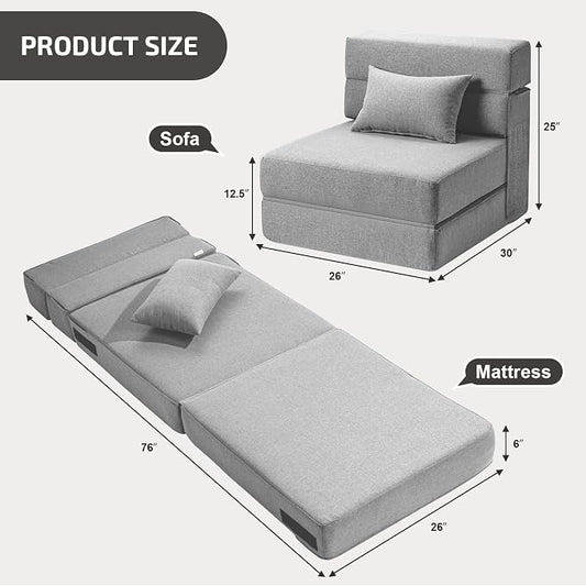 SUYOLS Folding Sofa Bed with Pillow- Convertible Chair Floor Couch & Sleeping Mattress, Foldable Memory Foam Sleeper for Living Room/Dorm/Guest Room/Home Office/Apartment/Loft, Single26, Light Gray