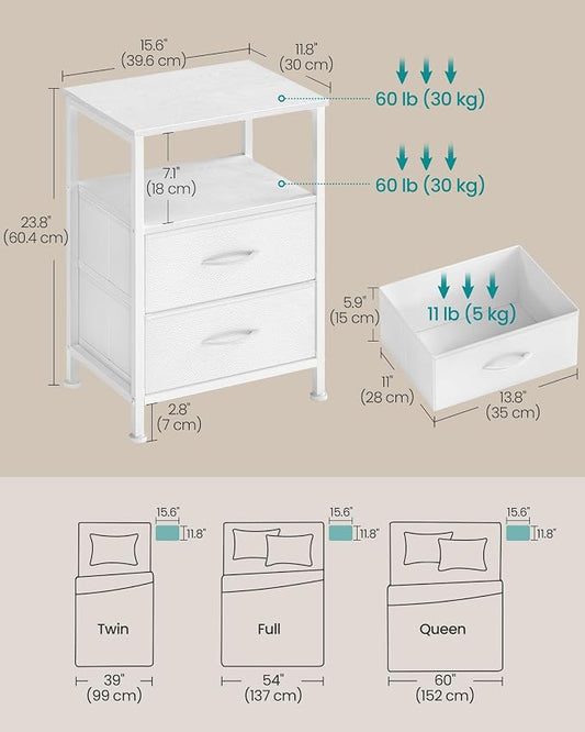 SONGMICS Nightstand, Bed Side Table, End Table with 2 Drawers and 1 Open Shelf, Industrial, Set of 2, Cloud White, BELLAH Collection ULGS062W101S