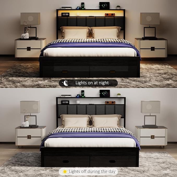 Queen Bed Frames with Storage Drawer, Platform Bed with Charging Station and LED Lights, Upholstered Headboard with 2-Tier Storage Shelves, No Box Spring Needed