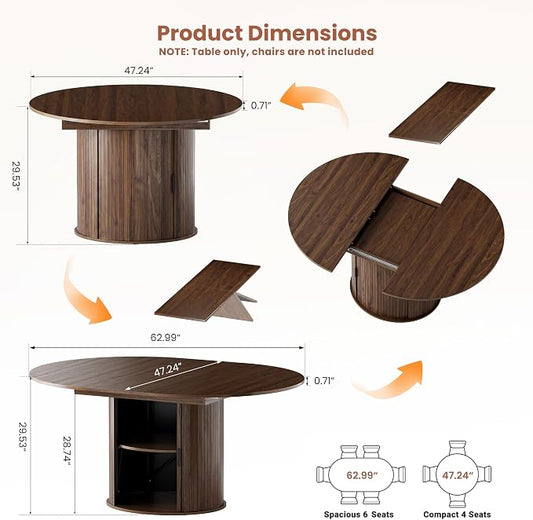 47''-63'' Extendable Round Dining Table for 4-6, Round Dining Room Table with Hidden Storage, Modern Wooden Kitchen Table with Fluted Sliding Door Cabinet for Dining Room Kitchen, Walnut