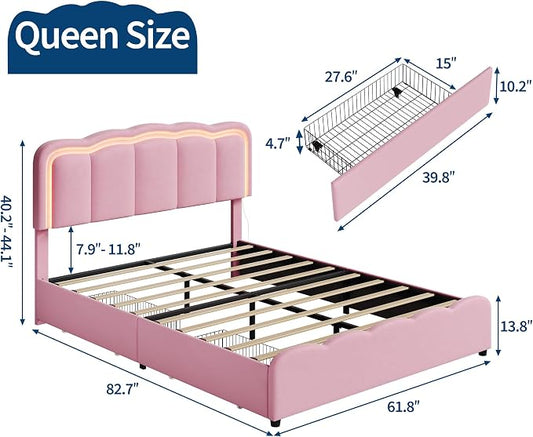 Garvee Queen Size Bed Frame with 2 Storage Drawers and LED Lights, Upholstered Platform Queen Bed with Adjustable Headboard, Wooden Slats Support, No Box Spring Needed, Easy Assembly, Pink
