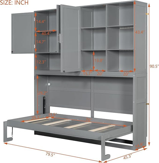 Twin Murphy Bed with Storage, Folding Wall Bed with Top Cabinet and Shelves | Flexible slats and a dual-piston mechanism help lift and lower the bed smoothly, with 400 lb capacity for daily use.