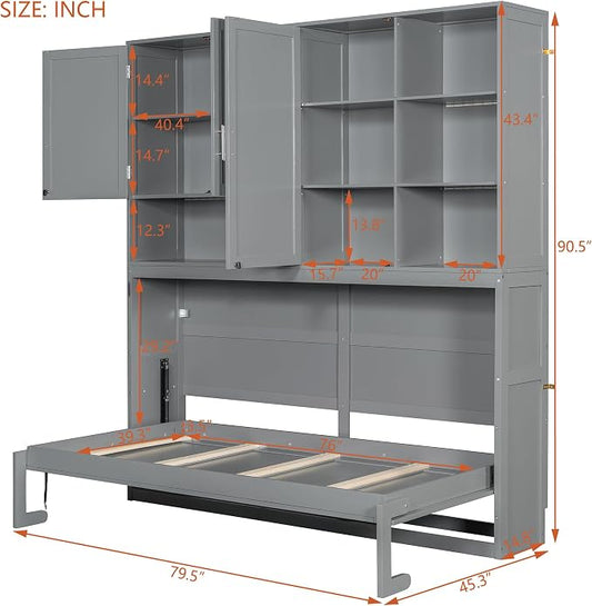 Ball & Cast Murphy Bed Twin Bed Frame with Top Cabinet,Hideaway Bedframe w/Shelves and Dual-Piston Metal Folding Mechanism,Space Saving Foldable Bed w/Light & USB,for Small Room,Gray