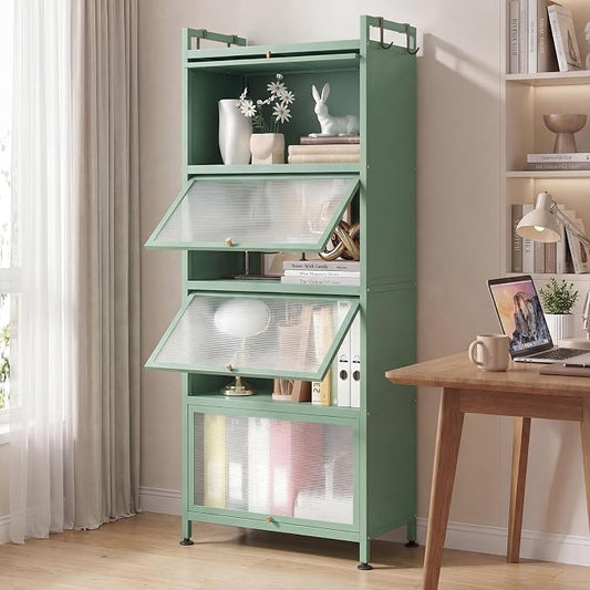 Giantex 5-Tier Kitchen Storage Cabinet, Freestanding Metal Pantry Cabinet w/ 4 Flip-up PC Doors, 4 Hooks & Adjustable Feet, 60” Tall Bakers Rack Microwave Stand for Dining Room, Living Room, Green