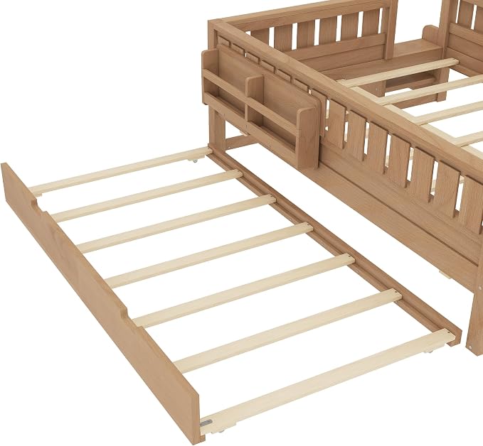 Bellemave Full Kids Montessori Bed with Stairs, Bookshelf and Trundle, Solid Wood Kids Bed Frame with Storage for Boys Girls, Low Profile,Natural