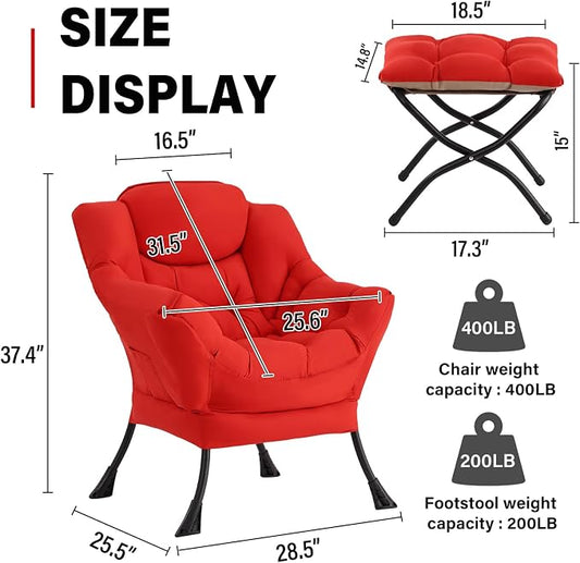 Lazy Chair with Ottoman, Modern Accent Chair Contemporary Sofa Chair with Armrests, Reading Chair and Folding Footstool Set for Living Room, Bedroom, Office, Red