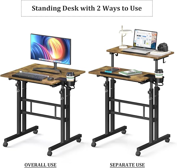 Enayplon Small Standing Desk with Wheels, Mobile Stand Up Desk, Portable Standing Table on Wheels for Walking Pad, Rolling Computer Desk Adjustable Height, Tall Table