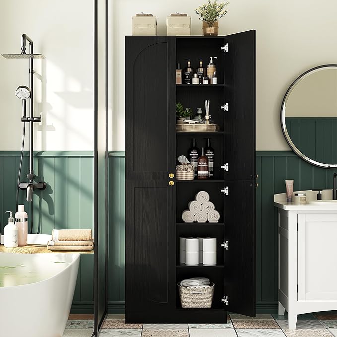 Cyclysio 80" Kitchen Pantry, Extra Tall Arch Storage Cabinet with 4 Soft Close Doors and Adjustable Shelves, Freestanding Wood Cupboard with Seamless Fit Wall for Dining Living Room (Black, 1 Pack)