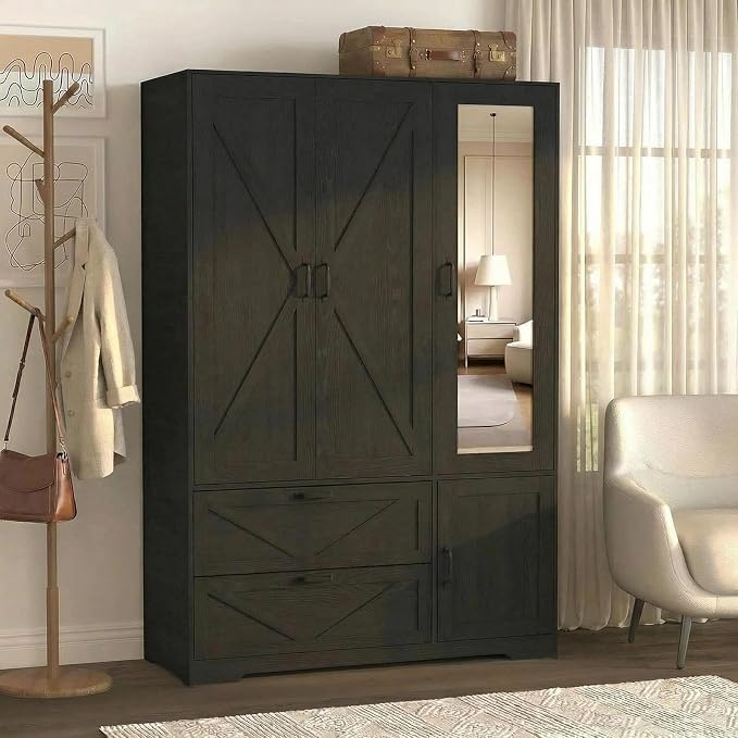 3 Doors Armoire Wardrobe Closet with Mirror Door and LED Lights,Bedroom Armoire with Drawers,Large Capacity Freestanding Armoire with Hanging Rod,Adjustable Shelves and Hooks(Black)