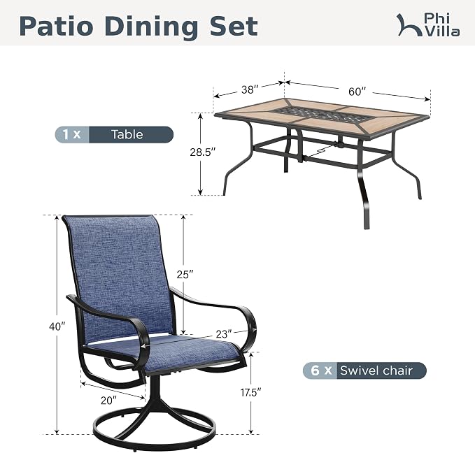 PHI VILLA 7 Piece Patio Dining Set, 6 Swivel Patio Chairs with Textilene Mesh Fabric & Rectangular Wooden-Like Dining Table(1.6" Umbrella Hole), All Weather Patio Chairs and Table Set for Deck (Blue)