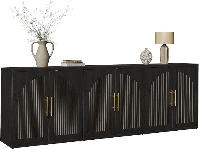 MapleGrace 63" Fluted Buffet Cabinet with Storage, Modern Symmetrical Arched Sideboard Credenza with Adjustable Shelf, Elegant Wood Console Table for Dining Room, Kitchen, Living Room(Black)