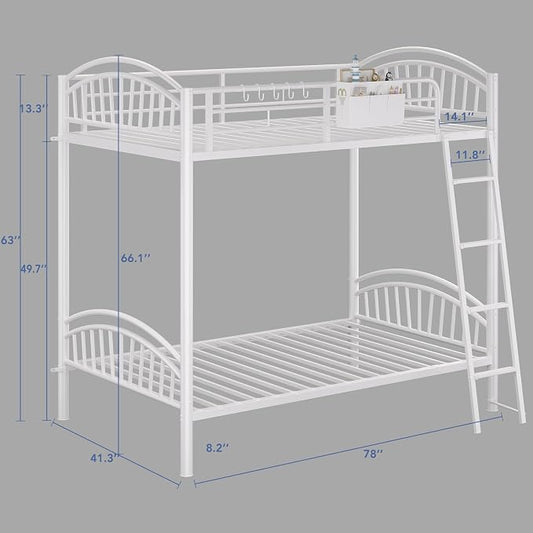 Decofy Metal Bunk Bed Twin Over Twin with Storage Bag, 2 Twin Size Beds with Safety Guard Rails and Anti-tip Nails for Teenager,Girls or Boys (White) | Convertible Ladder