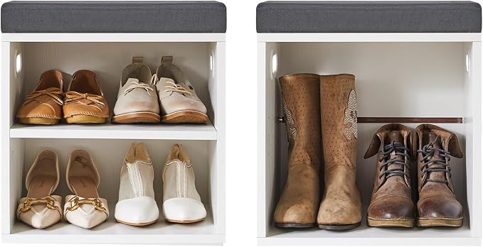 YMYNY Shoe Storage Bench with Cushion, 2 Tier Shoe Rack with Padded Seat, Adjustable Shoe Organizer Cabinet for Entryway, Living Room, Hallway, Closet, Bedroom, 15.4L*11W*16.54H, White, UHBD028W
