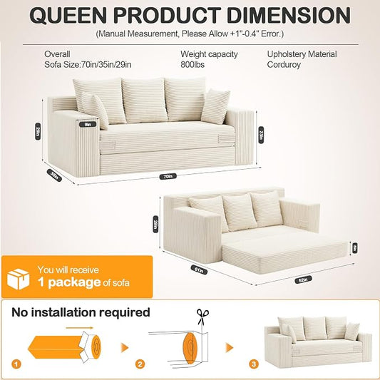 Oversize Loveseat Boneless Convertible Sofa Bed, Folding Floor Futon Sleeper Sofa Queen Size Couch Bed- Boneless Foldable Couch, Corduroy Pull Out Sofa Bed with 5 Pillows for Living Room & Bedroom