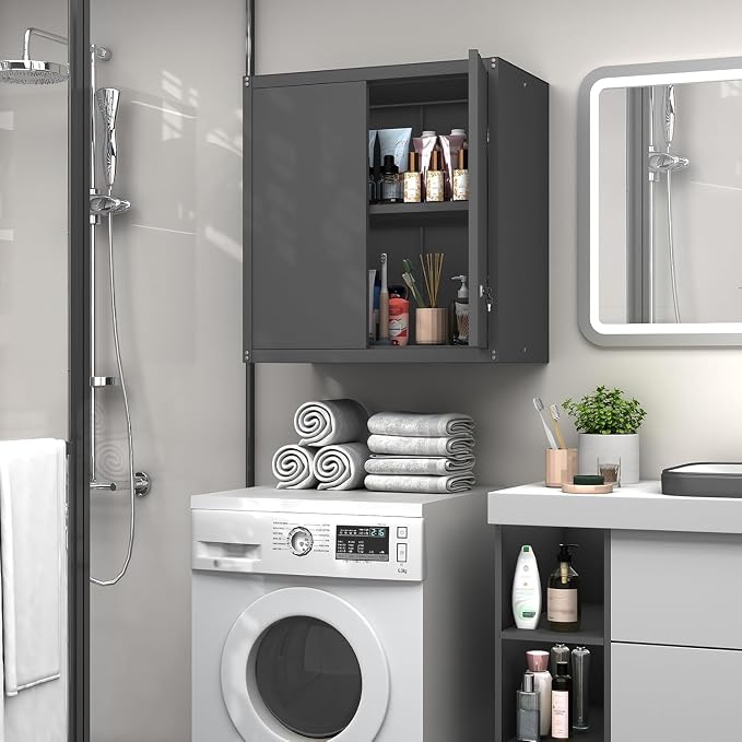 GREATMEET Locking Metal Wall Cabinets for Garage, Garage Cabinets Wall Mount, Steel Floating Hanging Storage Cabinet with Doors and Adjustable Shelf for Utility Room
