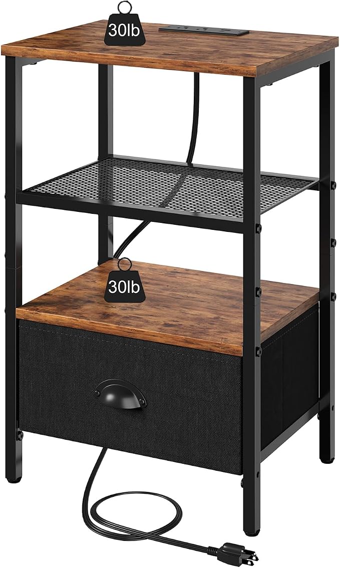 sthmec Nightstands Set of 2, LED Bedside Tables with Charging Station and Fabric Drawer, Night Stand with Storage, 3 Tier Side Table with Open Shelf, LED Nightstands with Charging Station,Rustic Brown