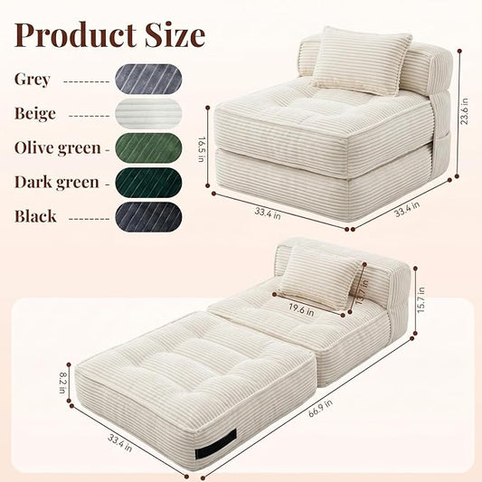 Folding Sofa Bed, Convertible Sleeper Chair with Pillow Foldable Mattress with Back Support, Portable Fold Out Chair Bed Comfy Floor Couch Lounge for Living Room Bedroom Apartment Single