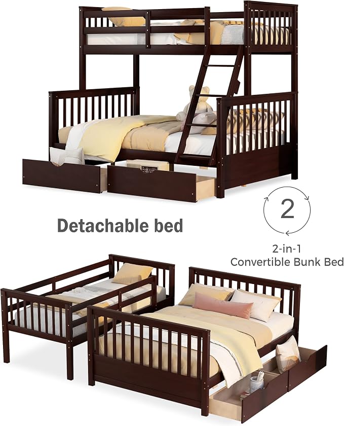 Merax Wood Bunk Bed with Two Drawers,Convertible Wood Bunk Bed with Ladders and Two Storage Drawers,Solid Wood Detachable Bed Frame with Ladders, Twin Over Full Size, Espresso