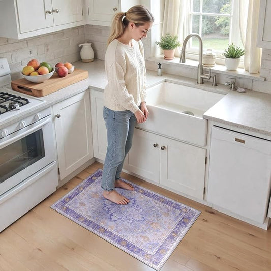 RELEANY Area Rugs Small 2'x3' Washable Non-Slip, Floral Vintage Distress Medallion Carpet for Kitchen Entryway Bathroom, Light Purple Brown