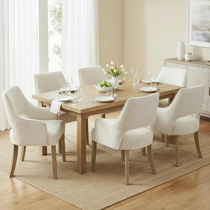 Linen Upholstered Dining Chairs Set of 6 with Arms | Cream Linen Fabric, Breathable Upholstery, Curved Backrest, Cushioned Seat, Solid Wood Legs, Farmhouse Style For Dining Room