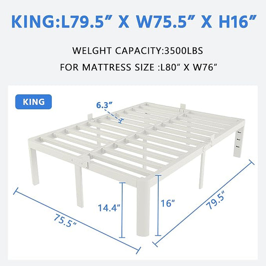 White King Size Bed Frame 16 Inch, Metal Camas King Bed Frame No Box Spring Needed, Heavy Duty Steel Support 3500 LBS, DIY Headboard, Noiseless, Round Corner Legs, Storage Space, Easy Assembly