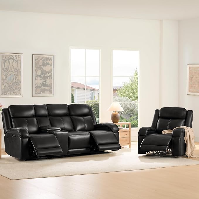 Watson & Whitely Genuine Leather Power Recliner Sofa, 3 Seater Wall Hugger Reclining Sofas with Storage Console, Power Headrest, USB, Electric Recliner Couch Set for Living Room, Black