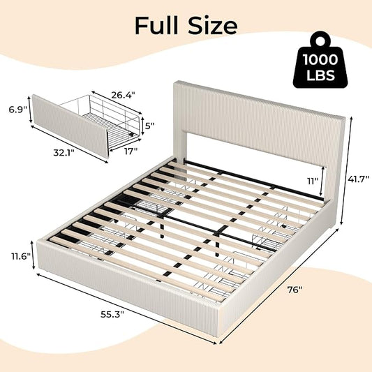 Garvee Corduroy Full Bed Frame with Headboard, Platform Upholstered Bed Frame with 4 Storage Drawers and Wooden Slats Support, No Box Spring Needed, Beige
