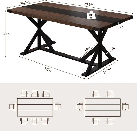 Hlivelood 71 Inch Dining Table for 6 People, Rectangular Kitchen Farmhouse Table W/Thickness Waterproof Wood Tabletop,Long Dining Room Tables W/Wood Strip Base for Kitchen Living Room(Brown&Black)