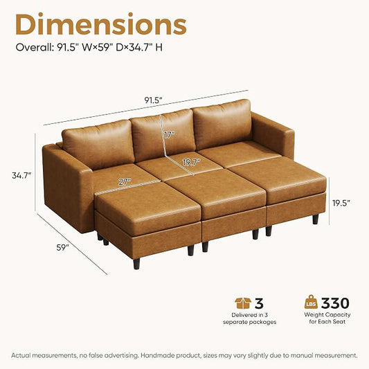 ABCASA 91.5" Faux Leather Luxury Modular Sleeper Sofa Bed with Storage Seat, 6 Seat Sectional Couch Deep Seat with Reversible Chaises & Removable Cover for Living Room - Brown