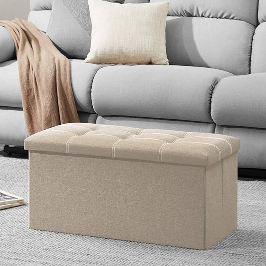 YOUDENOVA 30 Inch Storage Ottoman, Folding Ottoman with Storage, Linen Storage Bench Supports Up to 350 lbs, Footrest Seat for Living Room, Bedroom, Beige