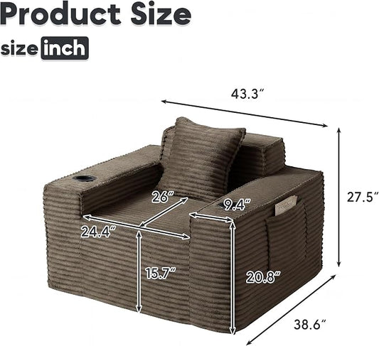 Boneless Sofa Couch with Cup Holders & Side Pockets, Modern Corduroy Fabric Deep Seat Single Cloud Couch for Reading Living Room Office, No Assembly (Brown)