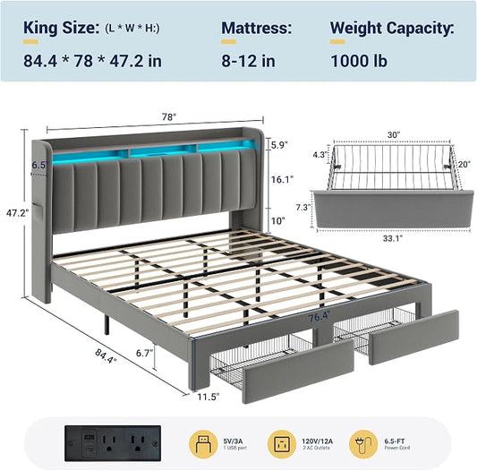 Allewie King Size Bed Frame with 2-Tier LED Storage Headboard, Velvet Upholstered King Platform Bed with 2 Storage Drawers, USB & Type-C Charging Ports, Noise-Free/No Box Spring Needed, Grey