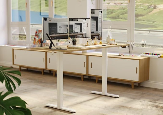Claiks Electric Standing Desk, Adjustable Height Stand up Desk, 63x24 Inches Sit Stand Home Office Desk with Splice Board, White Frame/Nature Top