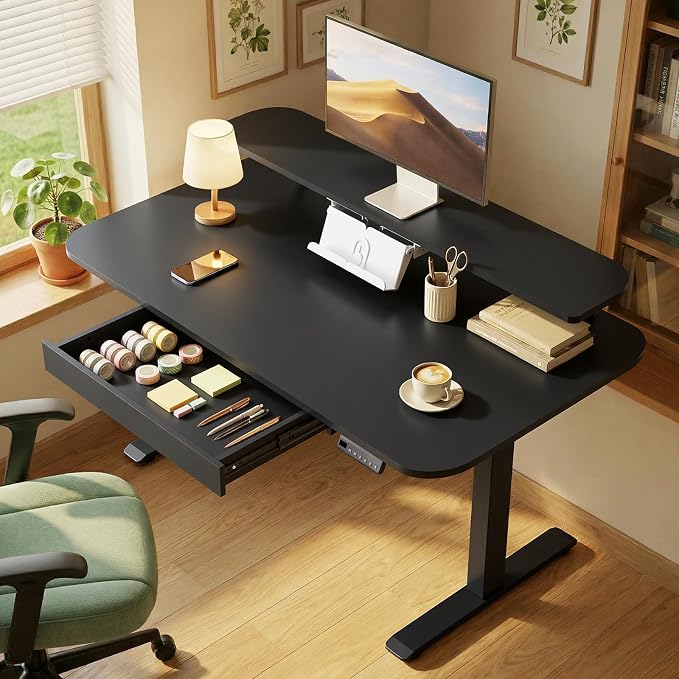 GTPLAYER Electric Standing Desk with Drawers, 55 x 24 Inches Height Adjustable Computer Desk with Monitor Stand, Laptop Stand, Home Office Sit Stand Up Desk with Memory Preset, Black