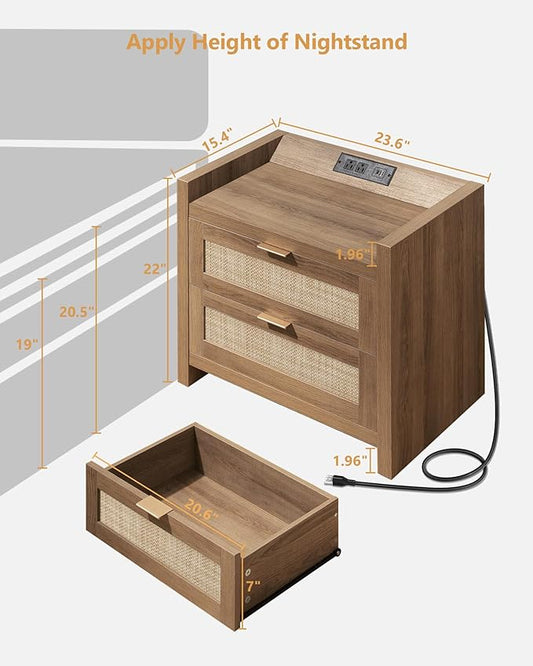 SICOTAS Rattan Nightstand End Table - Night Stand Bedside Table with Type-C Charging Station, 2 Drawers Storage - Boho Night Stands for Bedroom - Natural Oak