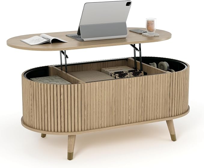 JOINICE 42.5" Oval Lift Top Coffee Table with Storage, Modern Oak Center Table with Fluted Design, Solid Wood Legs & Hidden Compartment, Pop Up Coffee Table for Living Roomm