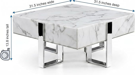 White and Silver Coffee Table, Modern Square Center Table with Faux Marble Tabletop and Mirrored Chrome Legs for Living Room Apartment Office