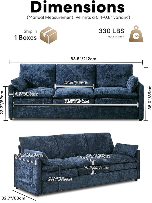 Iroomy 83" Cloud Couch, Chenille Modern Sofa 3 Seater, Comfy Plush Thick Cushions, Pocket Springs, Cloud-Like Comfort Sofas for Small Living Room Apartment, Blue