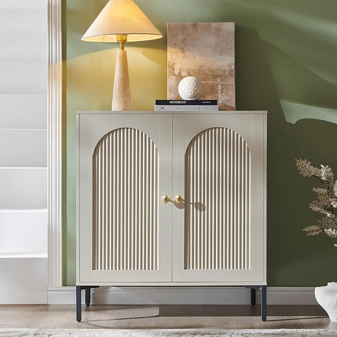 IFGET Modern Buffet Cabinet with Storage, 34" Tall Fluted Arched Sideboard Cabinet w/Adjustable Shelves, Wooden Modular Coffee Bar for Dining Room, Kitchen, Living Room, Entryway, Cream