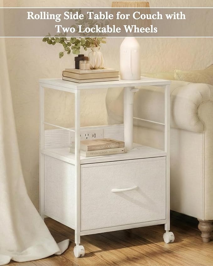 Faesun Swivel Lift Top Nightstand with Charging Station, Rolling Side Table for Recliner, Bedside Table with Wheels & a Fabric Drawer, for Small Spaces, for Bedroom, Living Room, White