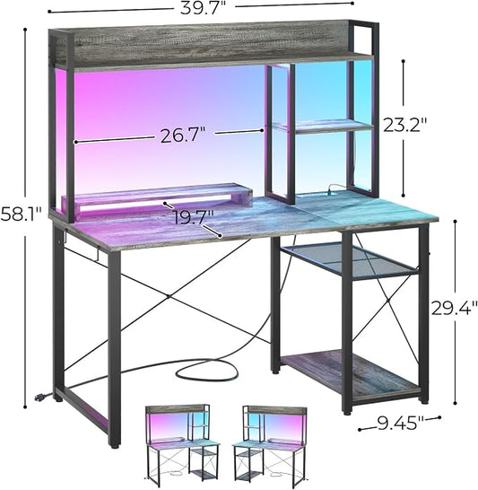 Cyclysio Gaming Desk with Hutch, 39'' Computer Desk with LED Lights & Power Outlets, Home Office Desk with Reversible 5 Tiers Storage Shelves & Monitor Stand, Small Gaming Table for Small Space, Grey