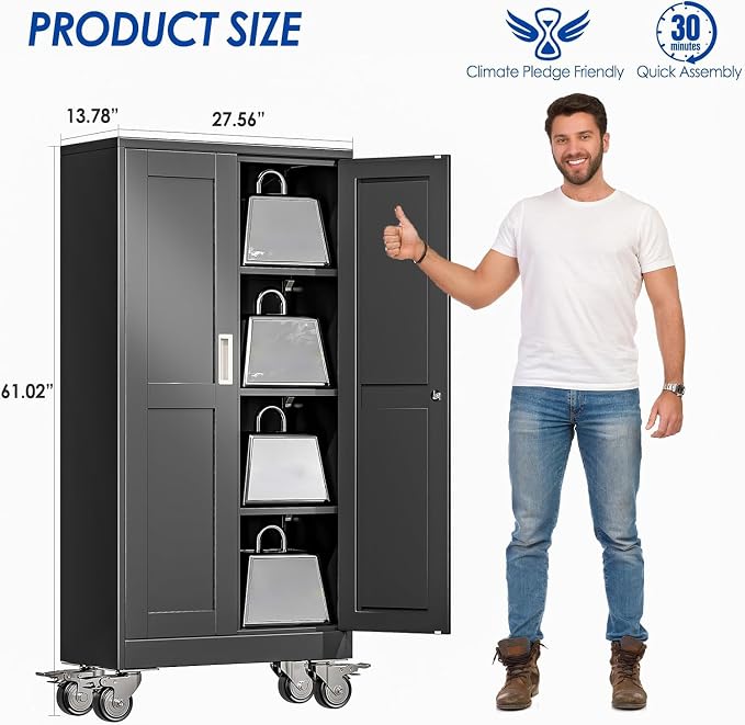 GAIOUS Metal Garage Storage Cabinet with Lock, 61” Tall Lockable File Cabinet with Wheels, Steel Tool Cabinet with 2 Door and 3 Adjustable Shelves, Rolling Cabinet for Home Office Garage Gym - Black