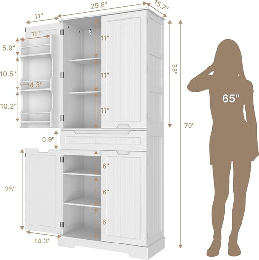 Gizoon 70" Tall Kitchen Pantry Cabinet with Doors and Adjustable Shelves, Pantry Storage Cabinet with Drawer Freestanding Organizer for Small Kitchen Bathroom Laundry Room, Painted White