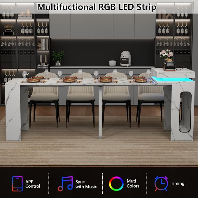 Extendable Dining Table with Charging Station, Convertible Folding Console Table for 6-8 People, Space-Saving Dining Table with LED Lights, Wood Rectangle Kitchen Table, Marble White (No Chairs)