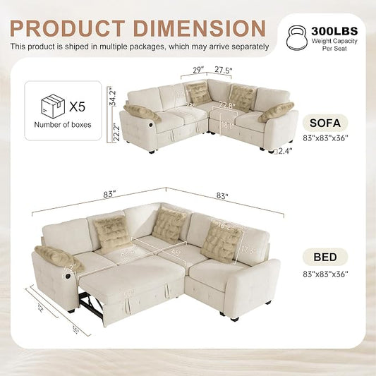 Hanherry Sectional Couch with Pull Out Sofa Bed,Chenille Sleeper Sofa with 2 Seat Storage & USB Charging,Comfy L Shaped Modular Couches for Living Room,Apartment