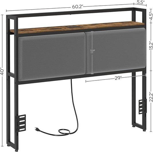 Queen Size Headboard Only with Storage Shelves, Upholstered Headboard with Charging Station, Height Adjustable, Sturdy and Stable, Vintage Style, Rustic Brown, Gray and Black