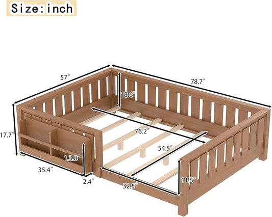 Bellemave Natural Montessori Floor Bed with Fence and Slats, Full Size Montessori Floor Bed with Bookcase and High Rails, Easy Assemble Bed Frame for Girls, Boys, Full